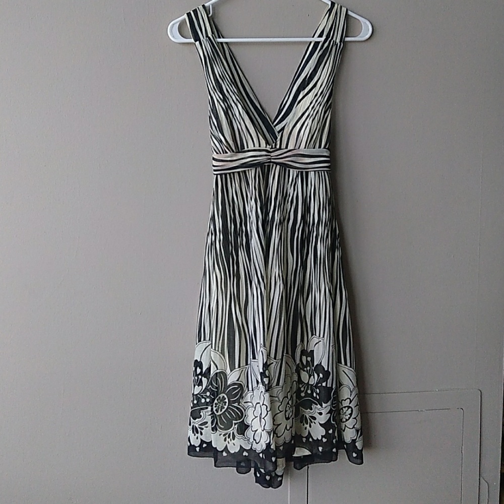 Black and white striped dress with floral pattern